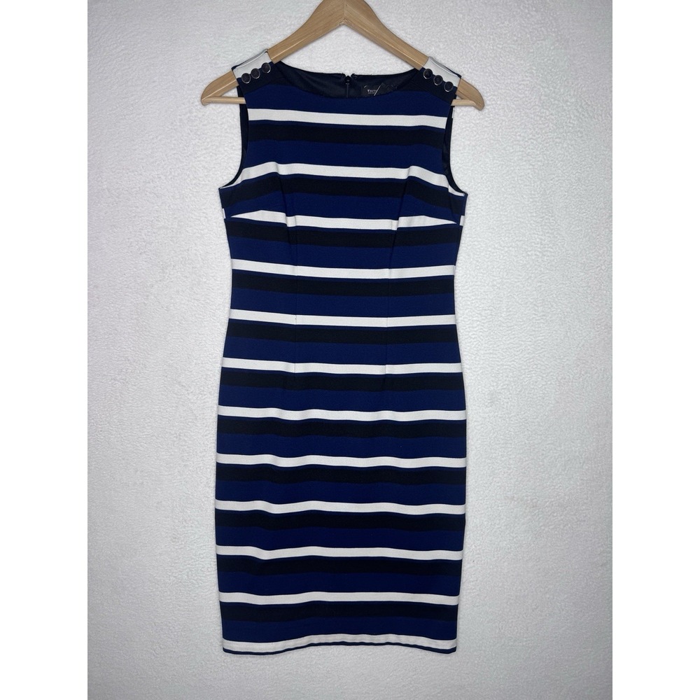 White House Black Market Sz 2 Striped Sheath Dress Sleeveless Navy Black White